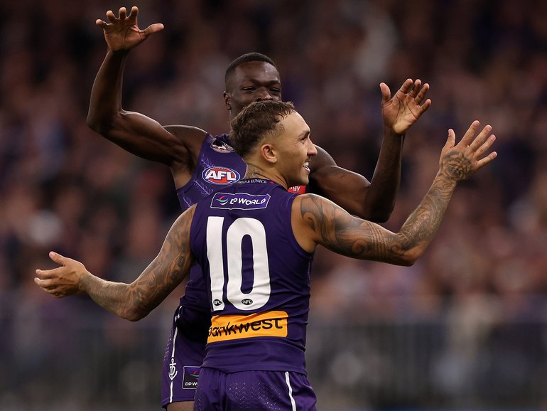 Shai Bolton of the Dockers celebrates a goal.