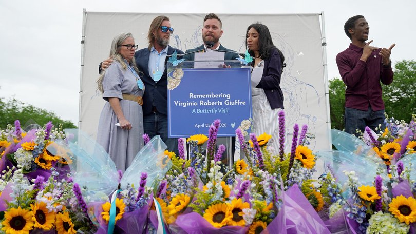 Lanette Wilson, Danny Wilson, Sky Roberts, and Amanda Roberts speak during Remembering Virginia Roberts Giuffre: A Butterfly Vigil.