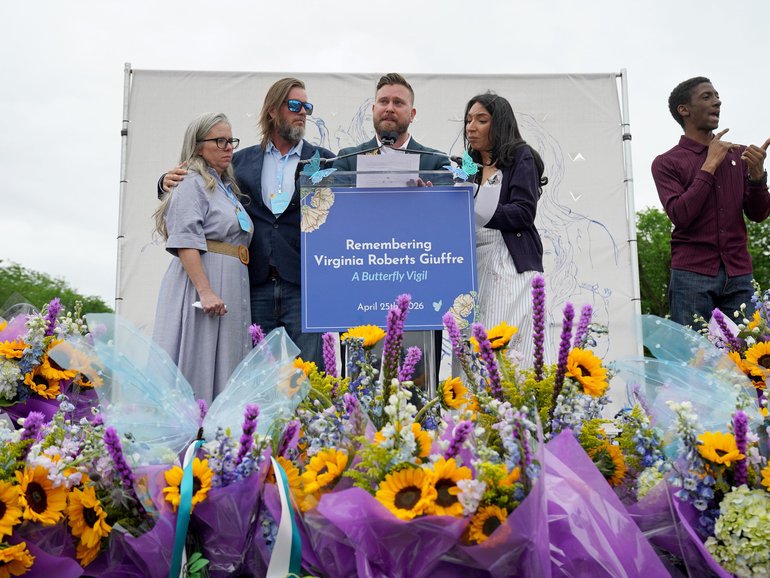 Lanette Wilson, Danny Wilson, Sky Roberts, and Amanda Roberts speak during Remembering Virginia Roberts Giuffre: A Butterfly Vigil.