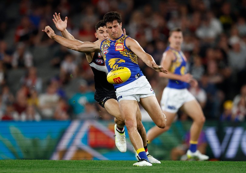 MELBOURNE, AUSTRALIA - APRIL 26: Liam Duggan of the Eagles kicks the ball during the 2026 AFL Round 07 match between the St Kilda Saints and the West Coast Eagles at Marvel Stadium on April 26, 2026 in Melbourne, Australia. (Photo by Michael Willson/AFL Photos)