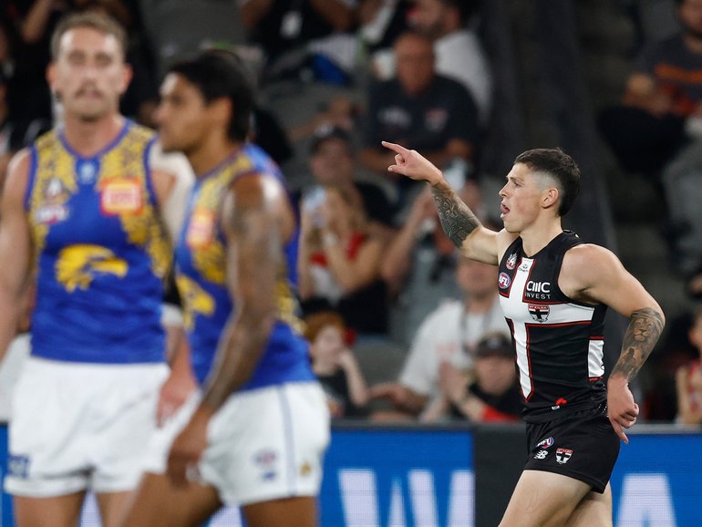 Max Hall of the Saints celebrates a goal.