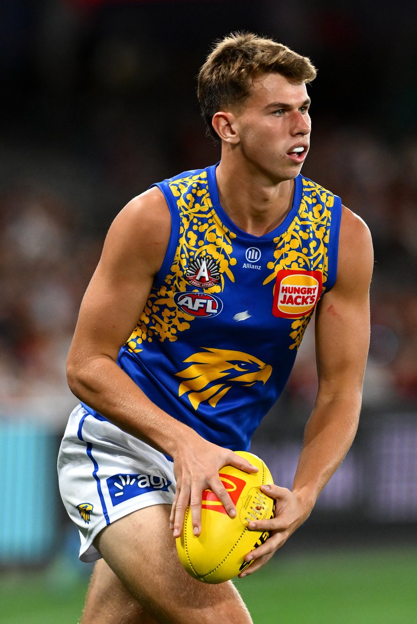 MELBOURNE, AUSTRALIA - APRIL 26: Cooper Duff-Tytler of the Eagles kicks during the round seven AFL match between St Kilda Saints and West Coast Eagles at Marvel Stadium, on April 26, 2026, in Melbourne, Australia. (Photo by Quinn Rooney/Getty Images via AFL Photos)
