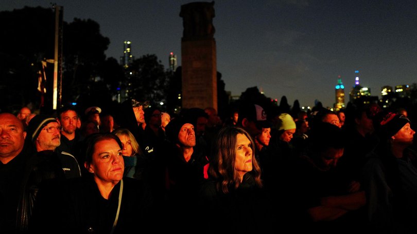 People attended The Dawn Service at the Shrine of Remembrance in Melbourne to pay their respect on Anzac Day only to be interrupted by hecklers during the Welcome to Country address. Picture: NewsWire / Luis Enrique Ascui