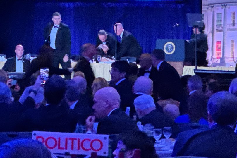 Secret service agents respond during the White House Correspondents Dinner, Saturday, April 25, 2026, in Washington. (AP Photo/Mark Schiefelbein) Picture: Mark Schiefelbein