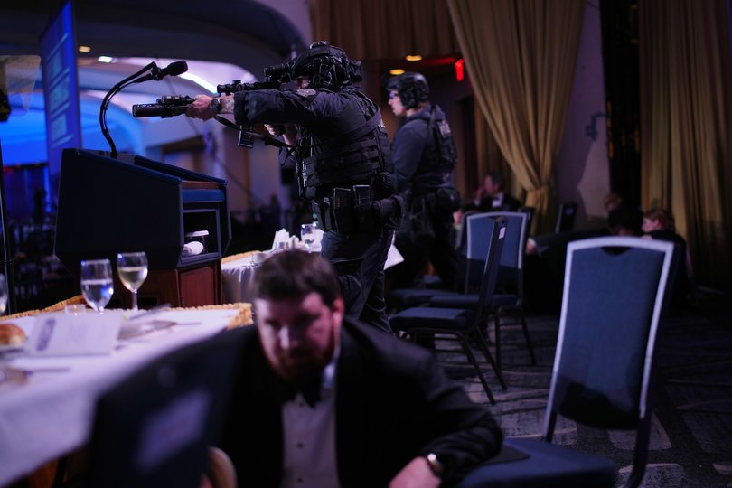 WASHINGTON, DC - APRIL 25: Agents stand guard after an incident at the annual White House Correspondents Association Dinner April 25, 2026 in Washington, DC. According to reports, President Donald Trump, along with other government officials, were evacuated from the Washington Hilton after what sounded like gun fire. (Photo by Andrew Harnik/Gettyimages) Picture: Andrew Harnik