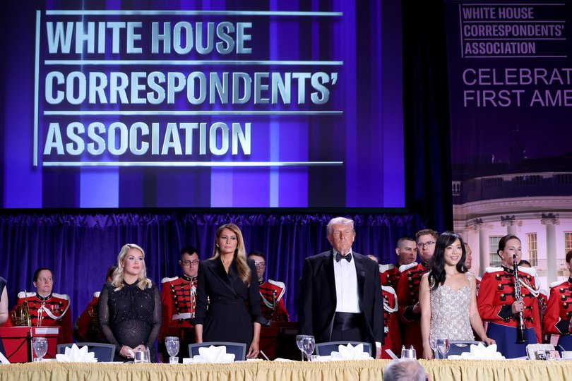 WASHINGTON, DC - APRIL 25: (L-R) White House Press Secretary Karoline Leavitt, Melania Trump, U.S. President Donald Trump, and Weijia Jiang attend as Mentalist Oz Pearlman hosts The White House Correspondents Dinner at Washington Hilton on April 25, 2026 in Washington, DC. (Photo by Kevin Mazur/Getty Images for OP) Picture: Kevin Mazur