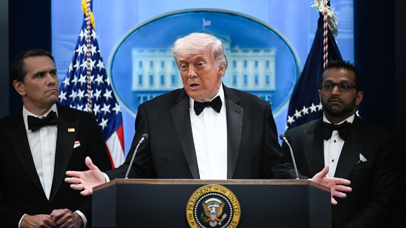 Todd Blanche, acting US attorney general, from left, US President Donald Trump, and Kash Patel, director of the Federal Bureau of Investigation (FBI), during a news conference on April 25, 2026.