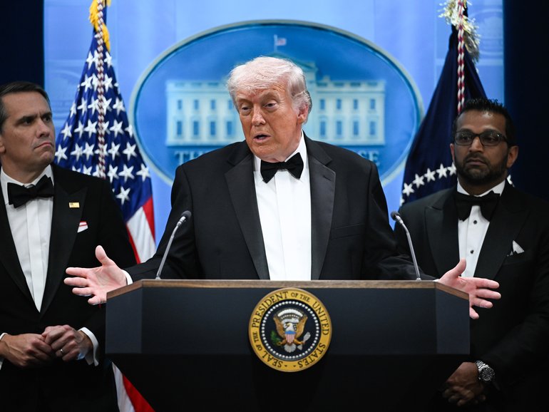 Todd Blanche, acting US attorney general, from left, US President Donald Trump, and Kash Patel, director of the Federal Bureau of Investigation (FBI), during a news conference on April 25, 2026.