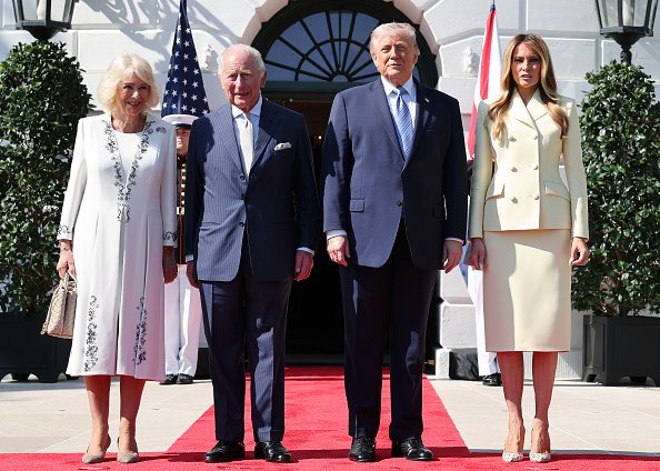 WASHINGTON, DC - APRIL 27: Queen Camilla, King Charles III, U.S. President Donald Trump and First Lady Melania Trump on day one of the State Visit of King Charles III and Queen Camilla to the United States of America, on April 27, 2026 in Washington, DC. King Charles III and Queen Camilla will visit the nation's capital, New York City, and Virginia during the trip arranged to celebrate the United States of America's 250th anniversary of its independence. (Photo by Chris Jackson/Getty Images)