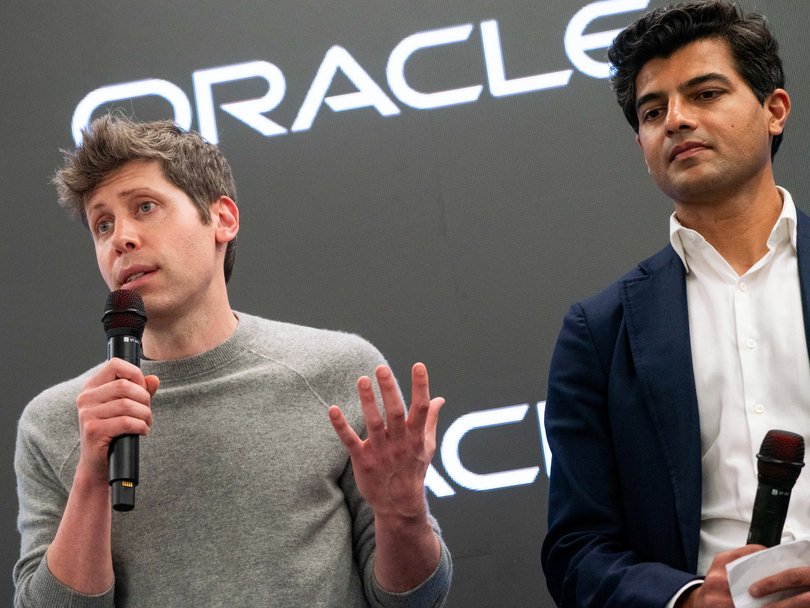 Sam Altman, chief executive officer of OpenAI Inc., left, and Vikas Parekh, managing partner at SoftBank Investment Advisers, at the Stargate AI data centre in Texas.