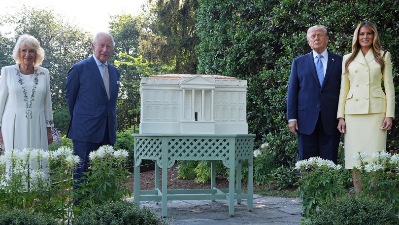 Queen Camilla, King Charles III, U.S. President Donald Trump and first lady Melania Trump visit the White House garden and bee hive on the South Lawn.