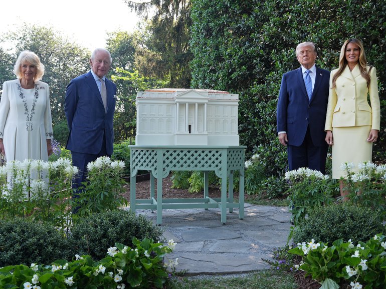 Queen Camilla, King Charles III, U.S. President Donald Trump and first lady Melania Trump visit the White House garden and bee hive on the South Lawn.