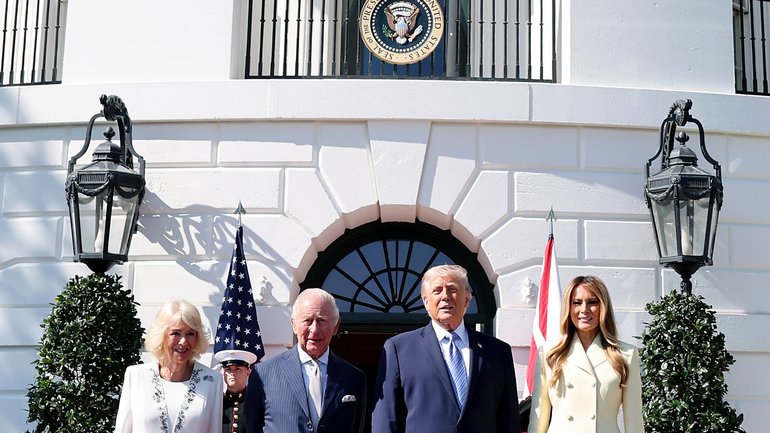 Queen Camilla, King Charles III, U.S. President Donald Trump and First Lady Melania Trump on day one of the State visit.
