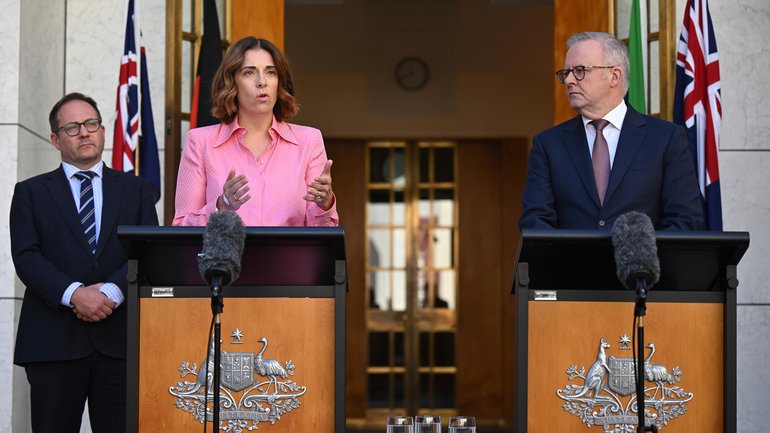 Australian Prime Minister Anthony Albanese and Australian Communications Minister Anika Wells speak to the media during a press conference at Parliament House in Canberra.