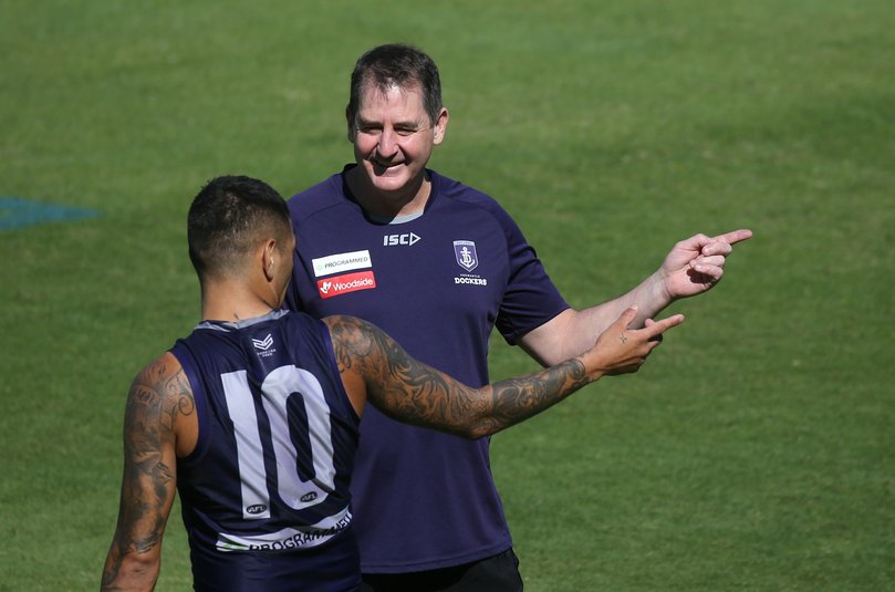 Ross Lyon and Michael Walters during their Fremantle days. Picture: Daniel Wilkins