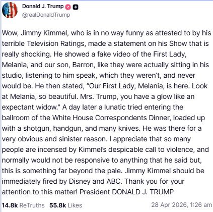 Donald Trump calls for Jimmy Kimmel to be sacked in a Truth Social post.