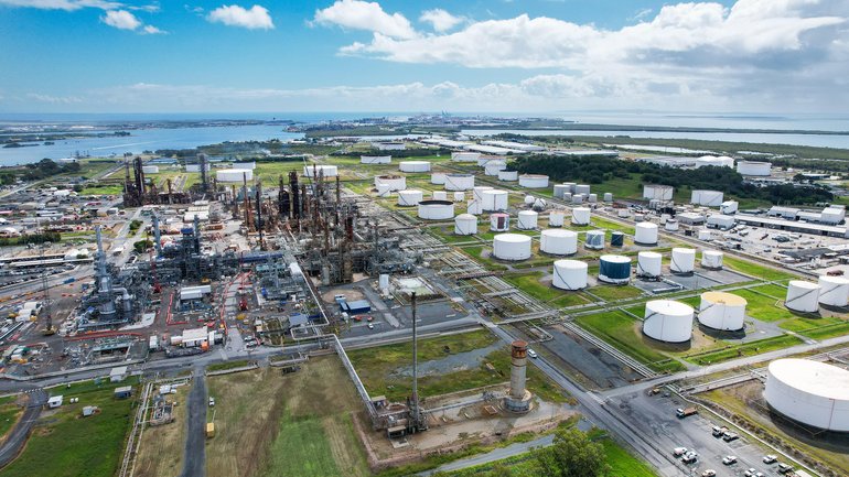 Ampol oil refinery is seen on Lytton Island on April 02, 2026 in Brisbane, Australia.