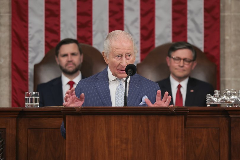 Britain's King Charles III addresses a Joint Meeting of Congress at the US. Capitol as US Vice President JD Vance and US House Speaker Mike Johnson listen during day two of the State Visit of King Charles III and Queen Camilla to the United States of America.