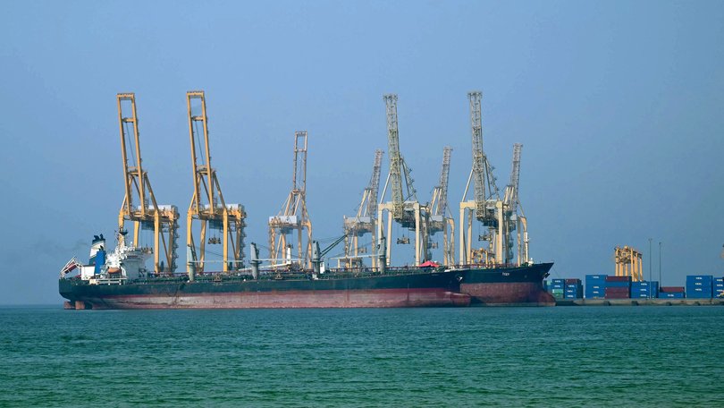 Tankers are seen at the Khor Fakkan Container Terminal, in the UAE, one of the major container ports along the Strait of Hormuz.