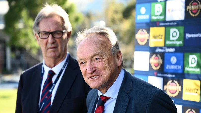 Melbourne president Steven Smith and interim CEO Brian Cook at Wednesday's announcement. (Joel Carrett/AAP PHOTOS)