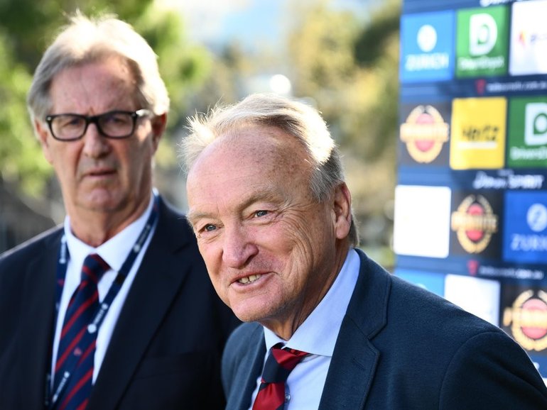 Melbourne president Steven Smith and interim CEO Brian Cook at Wednesday's announcement. (Joel Carrett/AAP PHOTOS)