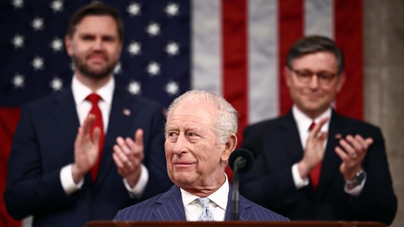 King Charles is applauded by US Vice President J.D. Vance and US House Speaker Mike Johnson.