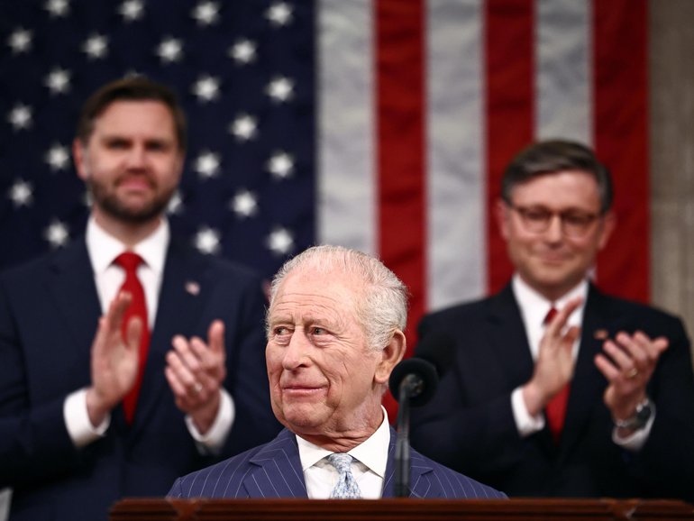 King Charles is applauded by US Vice President J.D. Vance and US House Speaker Mike Johnson.