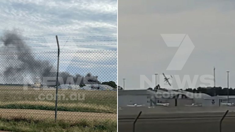 A huge inferno has erupted after a plane crashed into a hangar at Parafield Airport in Adelaide’s north. 