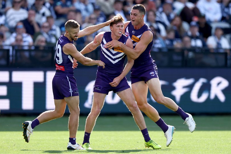 Nathan O'Driscoll after kicking a goal against Geelong in Freo’s season opener earlier this year.