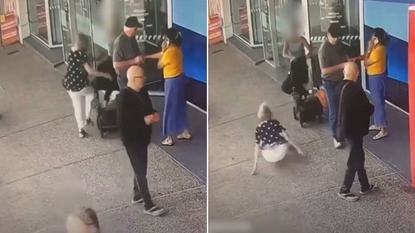 CCTV captures the moment a woman allegedly uses a pram to knock an elderly woman to the ground in Maryborough’s CBD.