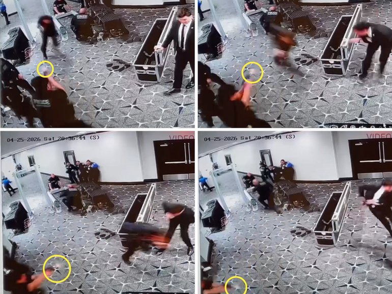 Surveillance footage shows the moment a Secret Service officer fired at correspondents’ dinner suspect Cole Tomas Allen.