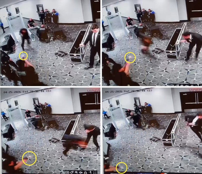 Surveillance footage shows that Cole Tomas Allen appeared to raise his shotgun in the direction of a Secret Service officer who then fired the only shots that are clearly visible in the video.