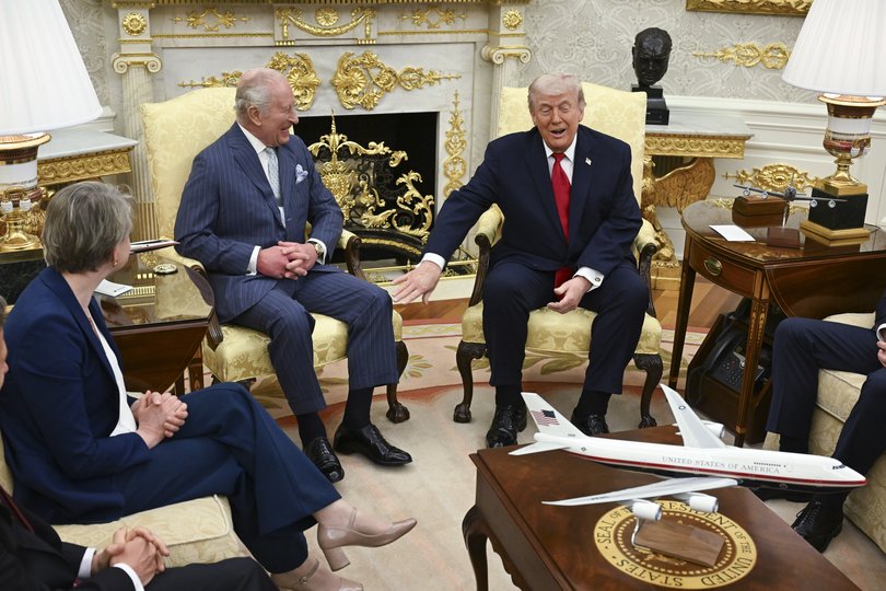 President Donald Trump, right, meets with King Charles III in the Oval Office after an arrival ceremony at the White House in Washington.
