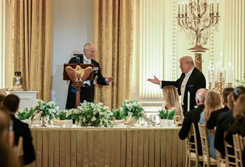 King Charles III of the United Kingdom, left, and President Donald Trump greet each other during a state dinner in the East Room of the White House in Washington, on Tuesday, April 28, 2026. (Kenny Holston/The New York Times)
