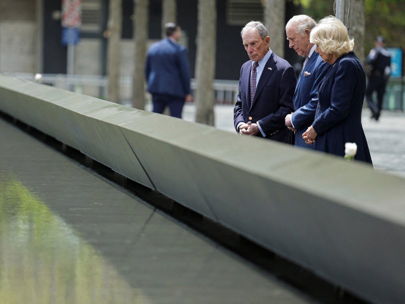 King Charles and Queen Camilla with the former Mayor of New York City Michael Bloomberg at the 9/11 Memorial.