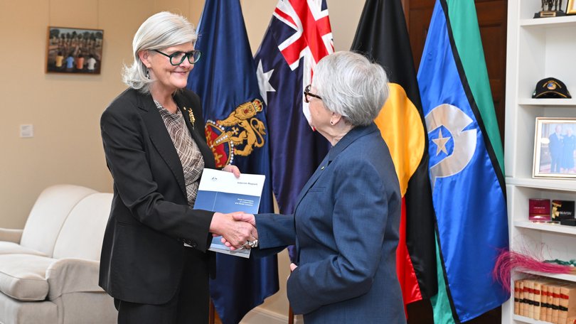 Commissioner for the Royal Commission on Antisemitism and Social Cohesion Virginia Bell delivers the Interim Report to the Royal Commission on Antisemitism and Social Cohesion to Australian Governor-General Sam Mostyn.