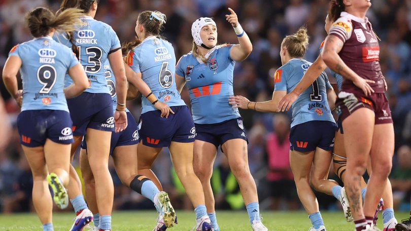 NEWCASTLE, AUSTRALIA - APRIL 30: Jesse Southwell of the Blues reacts after kicking a field goal during game one of the Women's State of Origin series between New South Wales Blues and Queensland Maroons at McDonald Jones Stadium on April 30, 2026 in Newcastle, Australia. (Photo by Scott Gardiner/Getty Images)