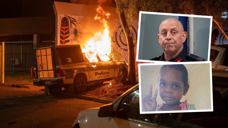 NT Police Commissioner Martin Dole (top right) speaks about the arrest of Jefferson Lewis and the subsequent riots. He is accused of killing five-year-old Kumanjayi Little Baby (bottom right).