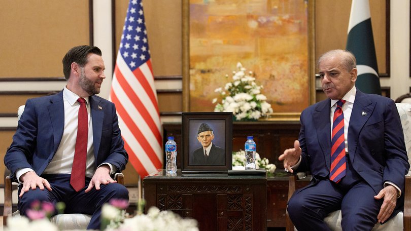 JD Vance meets with Pakistan's Prime Minister Shehbaz Sharif during their meeting on April 11, 2026 at Islamabad, Pakistan. 