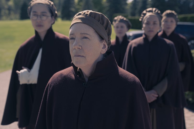 Mabel Li in a scene with Ann Dowd in The Testaments.