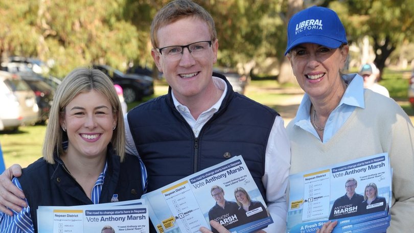 Liberal leader Jess Wilson (left) with the party’s candidate Anthony Marsh who is fighting a threat from One Nation to retain Nepean at Saturday’s by-election. Picture: Supplied