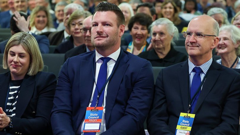 Sam Groth was the deputy leader of the Liberal Party until he resigned from the Victorian parliament in February. Jess Wilson is on his right. Picture: NewsWire/Ian Currie