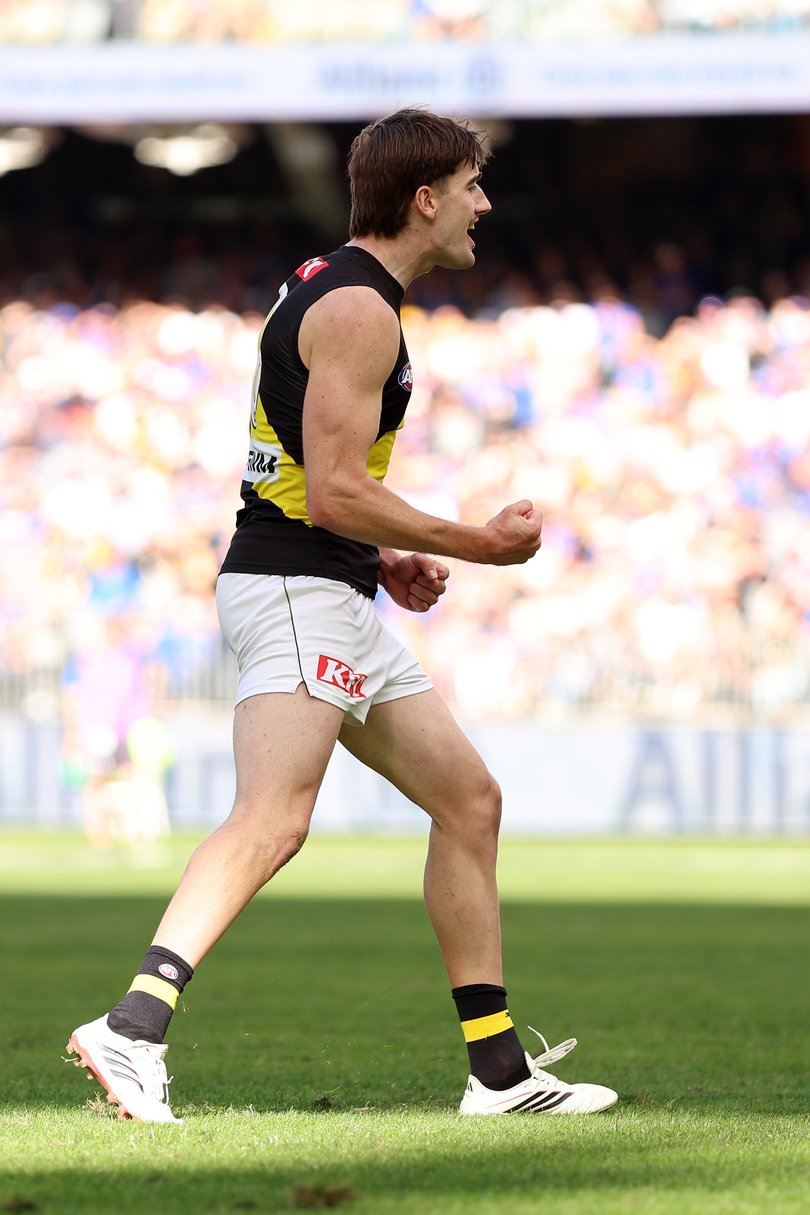 PERTH, AUSTRALIA - MAY 02: Jonty Faull of the Tigers celebrates a goal during the round eight AFL match between West Coast Eagles and Richmond Tigers at Optus Stadium, on May 02, 2026, in Perth, Australia. (Photo by Janelle St Pierre/AFL Photos/via Getty Images)