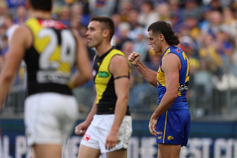 PERTH, AUSTRALIA - MAY 02: Jake Waterman of the Eagles celebrates a goal during the round eight AFL match between West Coast Eagles and Richmond Tigers at Optus Stadium, on May 02, 2026, in Perth, Australia. (Photo by Janelle St Pierre/AFL Photos/via Getty Images)