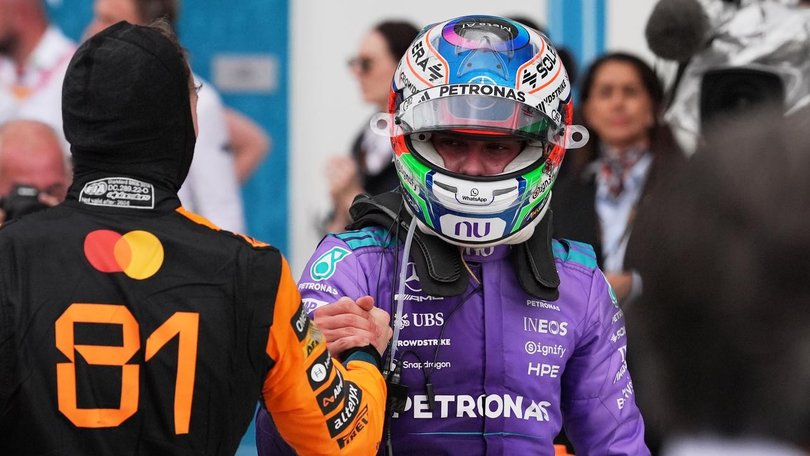 McLaren's No.81 Oscar Piastri congratulates Miami Grand Prix winner Kimi Antonelli. 