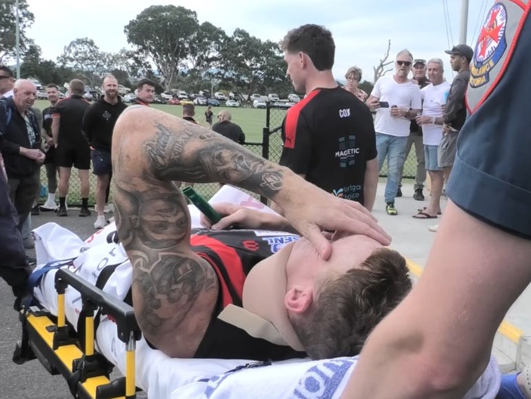 Former AFL player Mitch Robinson was taken to hospital after a tackle gone wrong.