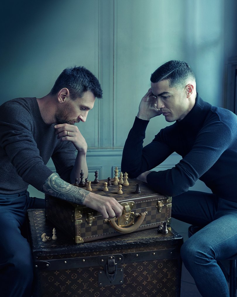 The two superstars in an ad campaign for Louis Vitton. They were photographed separately for the campaign and the image was stitched together.