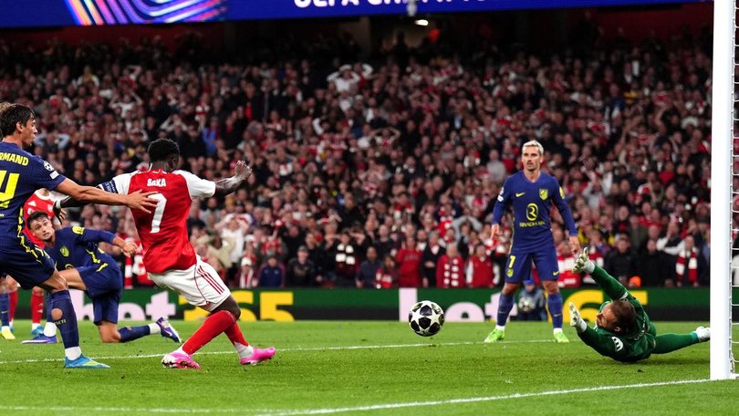 Arsenal's Bukayo Saka scores the goal that took his team to the Champions League final. (AP PHOTO)
