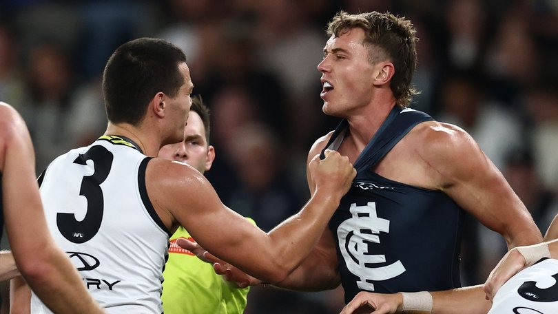 Former Carlton defender Jack Silvagni has words to Patrick Cripps at Marvel Stadium.