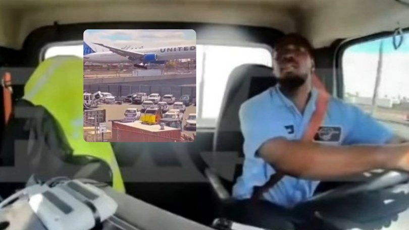 Shocking footage has captured the moment a United Airlines jet hit a bakery truck as it came in to land.
